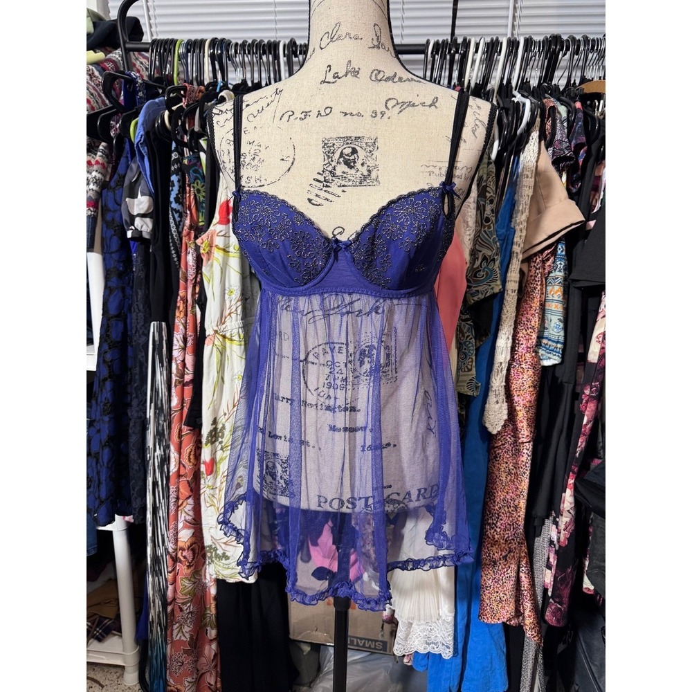 Frederick's of Hollywood Blue Violet Metallic Embroidered Mesh Babydoll Medium
